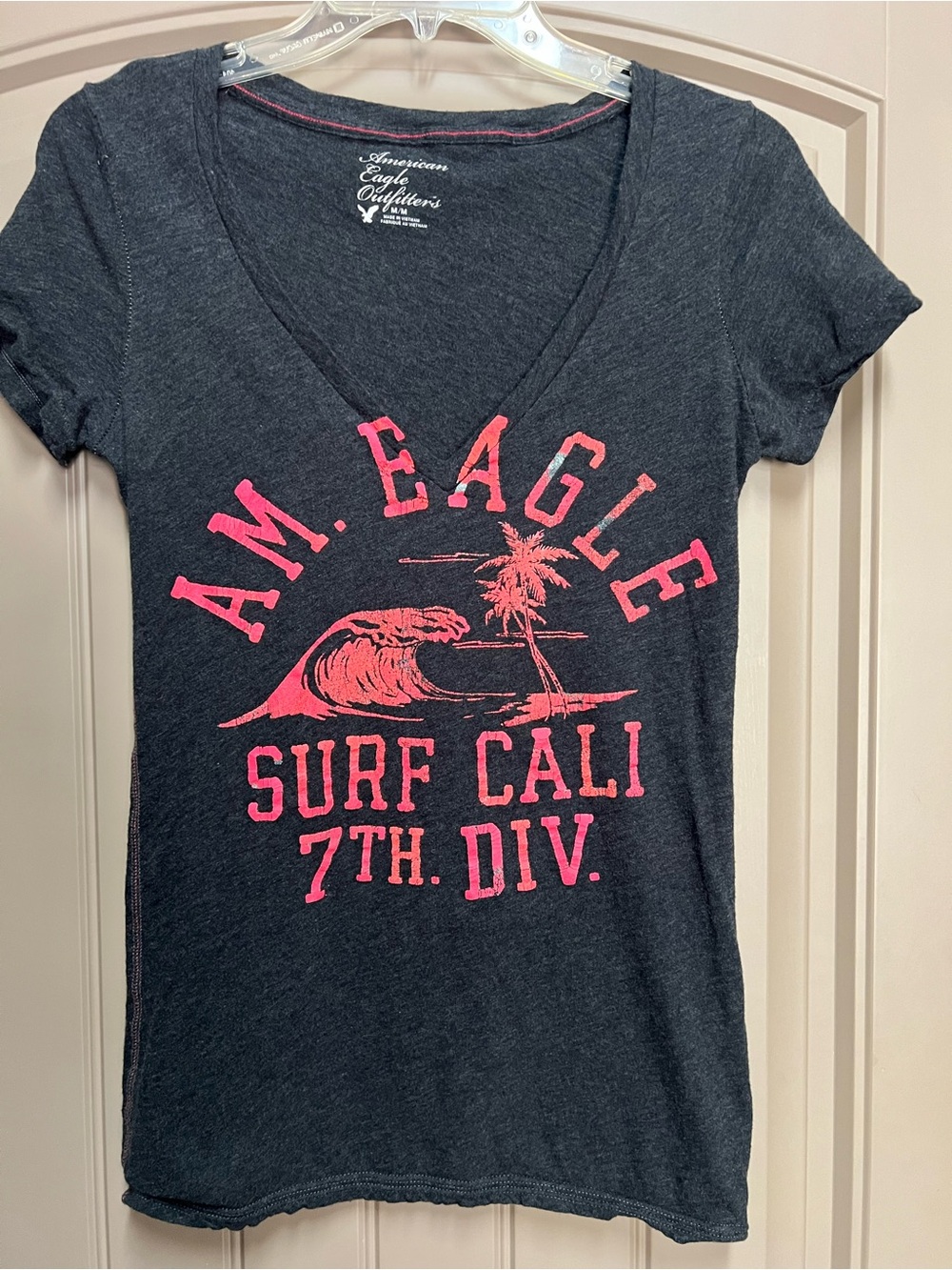 American Eagle Outfitters Charcoal V-Neck Tee with Pink Surf Graphic